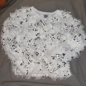 Girls MIA White Fluffy Sweater NYE with Silver Sequins LARGE 12Y